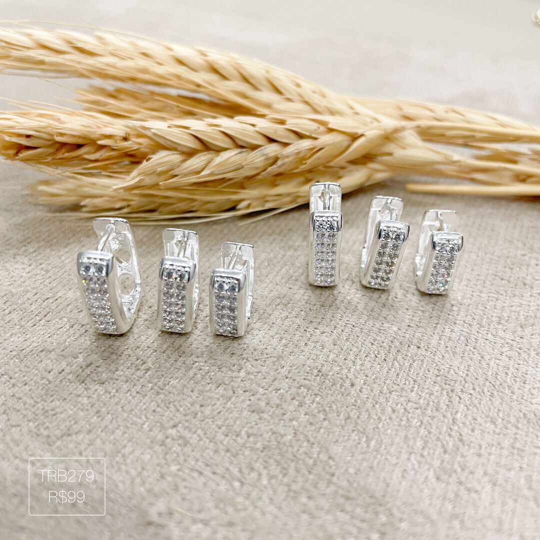 Trio de Argola Quadrada c/ 2 Carreiras Luxo Cravejada Cristal Prateado